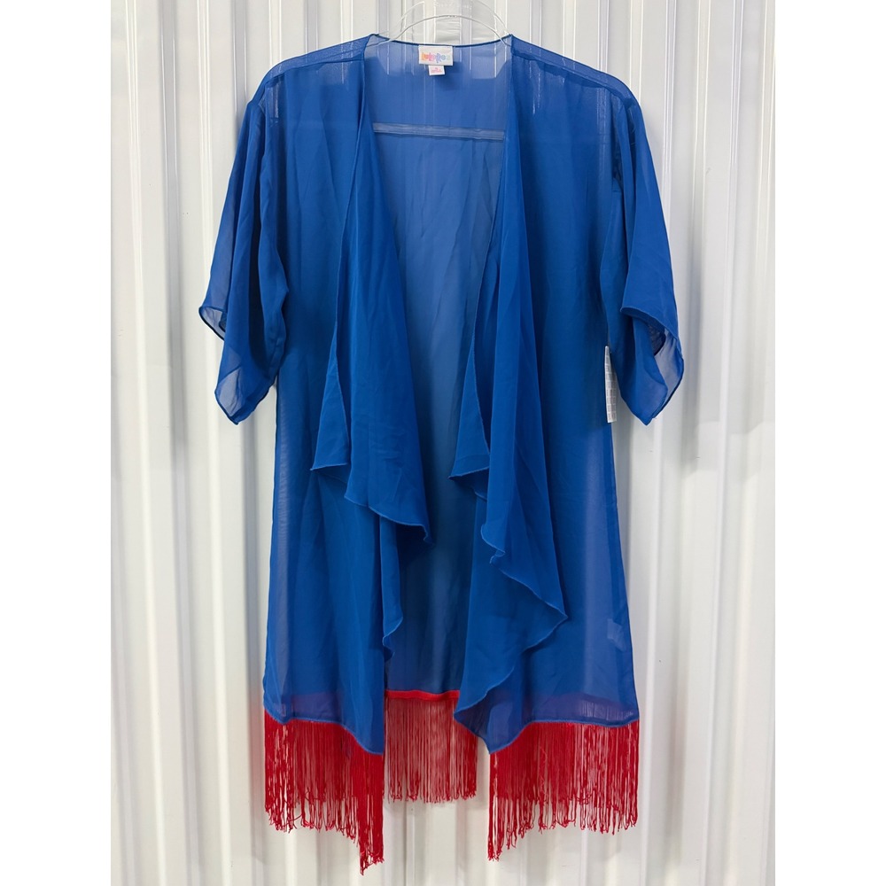 LuLaRoe Monroe Kimono Women Small Blue Red NEW Sheer Fringe Cardigan